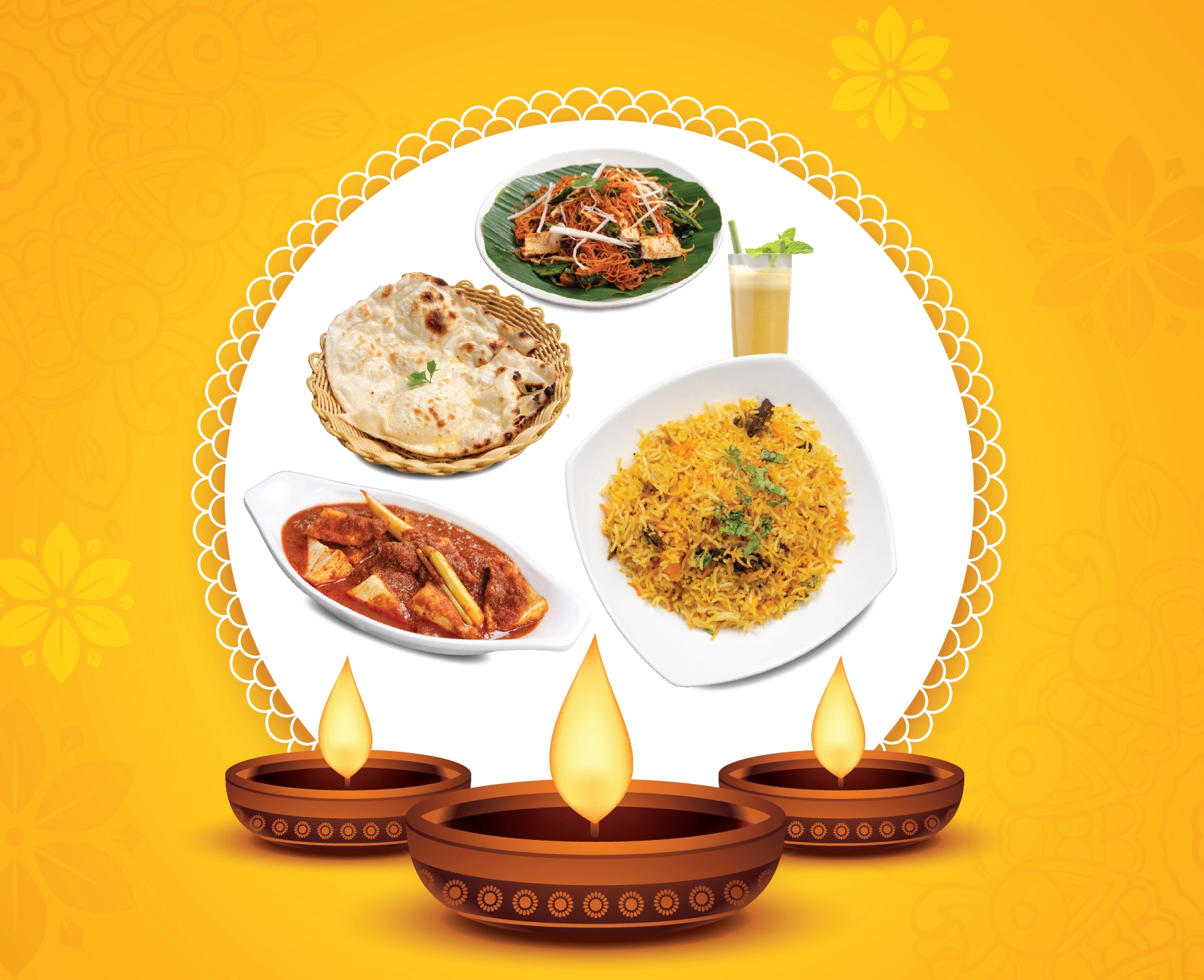 Vegetarian catering Singapore: A festive spread of biryani, naan, curry, and noodles with traditional oil lamps. 